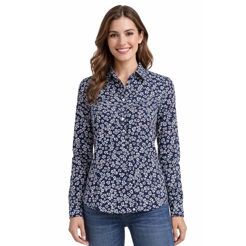 Tommy Hilfiger Women's Small Navy Floral Button‑Up Blouse Long Sleeve Shirt